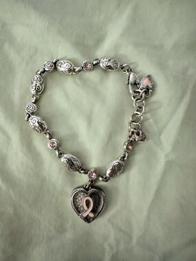 Brighton Silver Tone Bracelet with Pink Ribbon Heart Charm